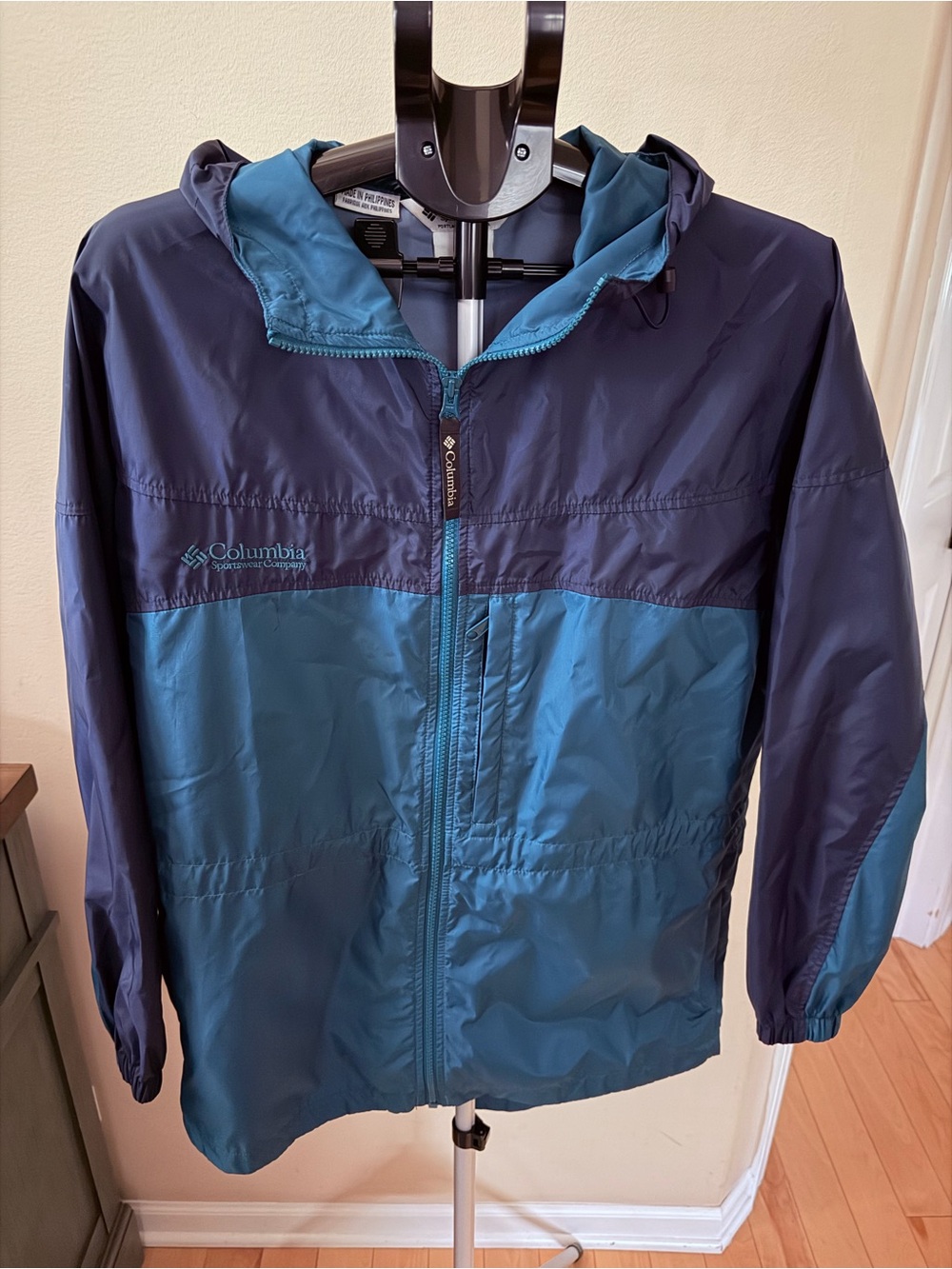 Columbia Women’s Hooded Windbreaker Rain Jacket Blue Packable Medium